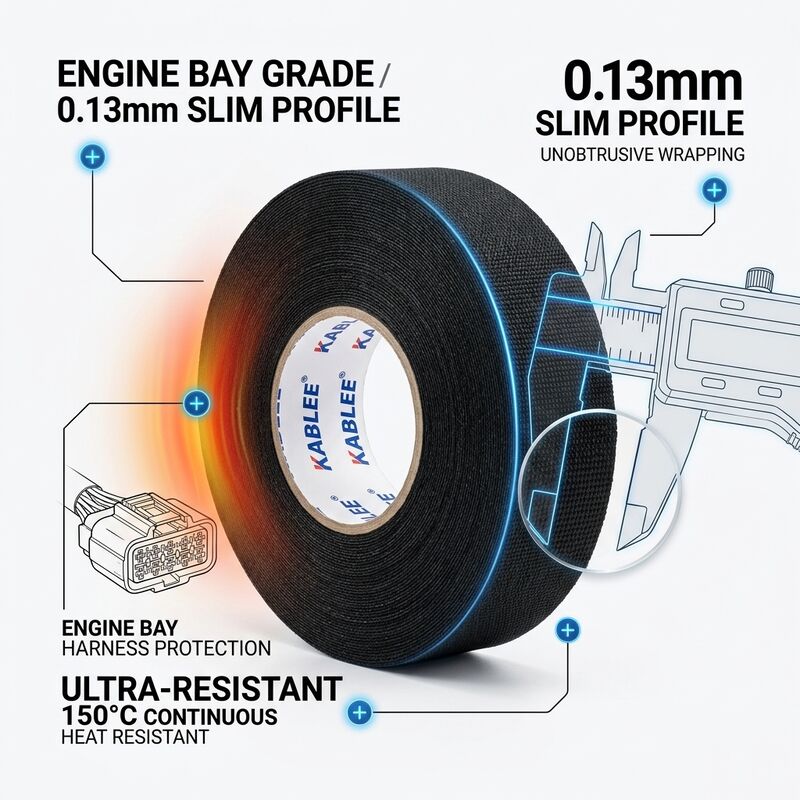 Automotive Adhesive Tape 0.13mm Engine Bay Wire Harness Wrap Heat Resistant for Noise Reduction Self-Extinguishing